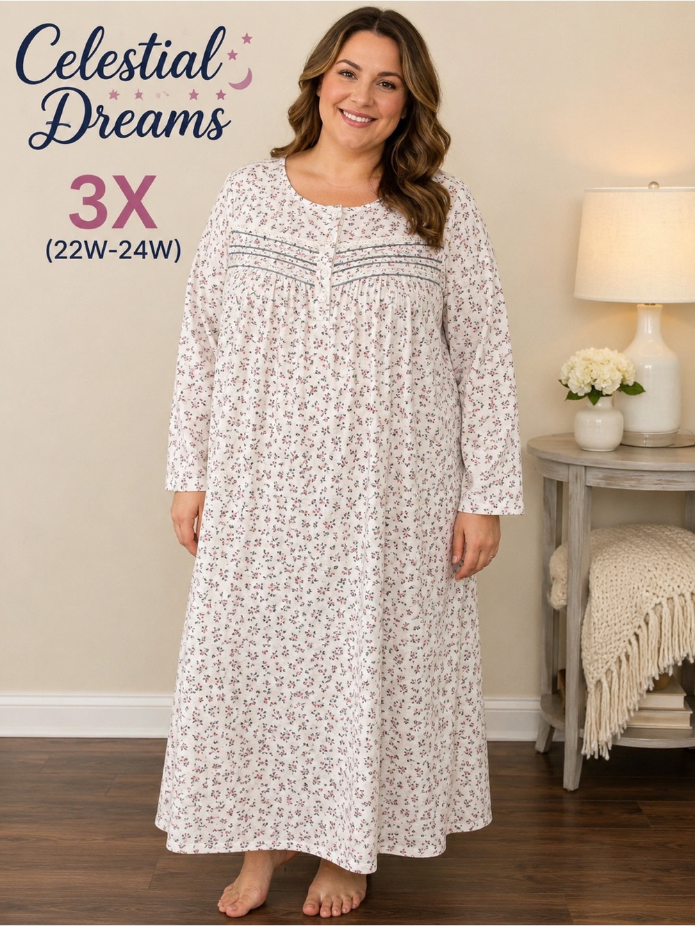 Celestial Dreams 3X Floral Long Sleep Gown Soft Brushed Cotton Blend Plus